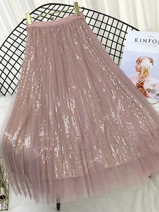 Sequined Pleated A Line Midi Skirt Chic High Waist
