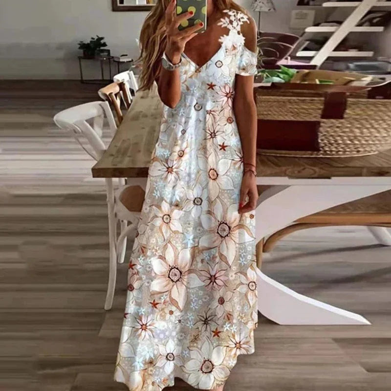 Women's Printed White Lace Cut-out Sleeves Dress Summer Fashion Casual Long Dress