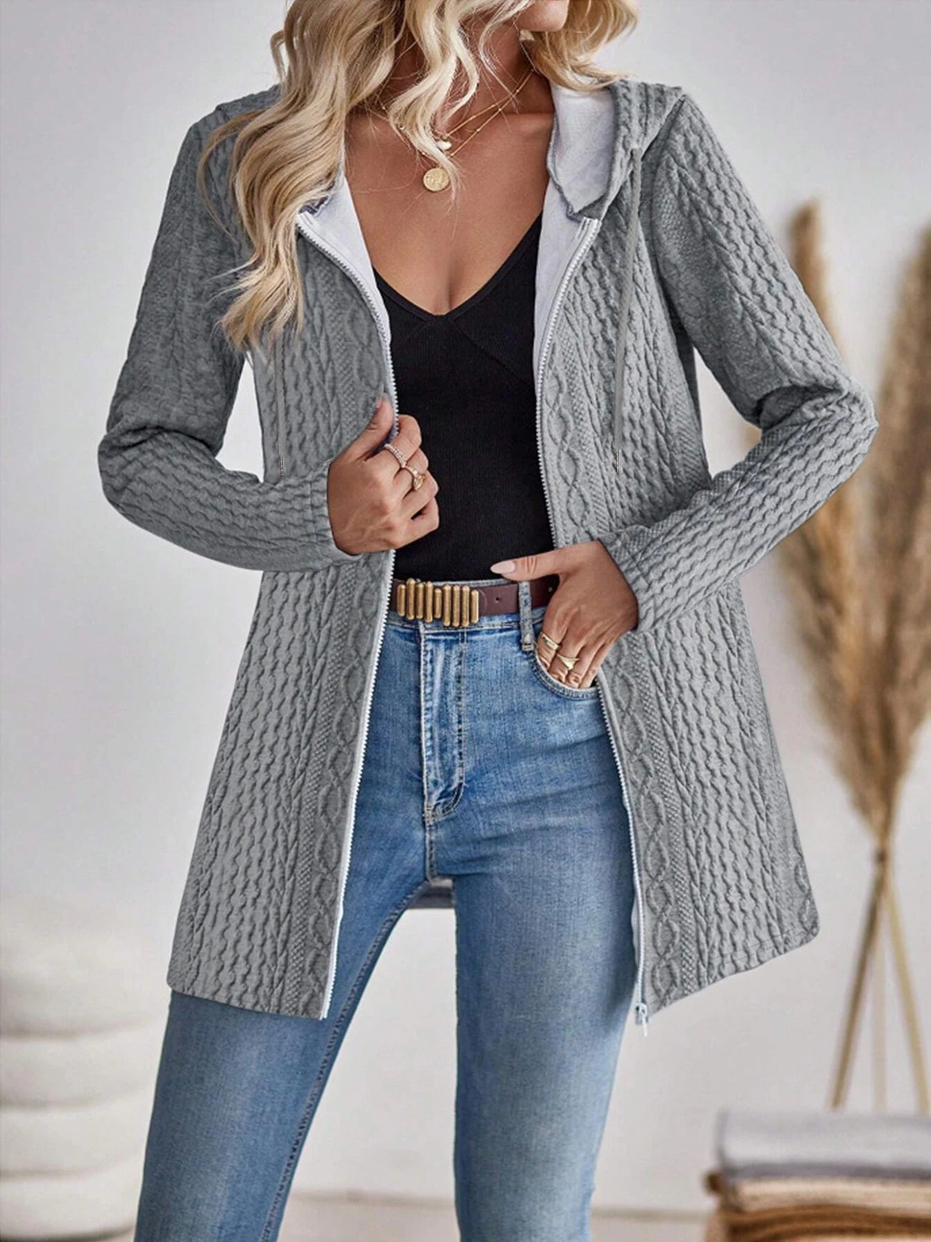 Elegant directional women's fashionable texture solid color zipper hooded sweatshirt