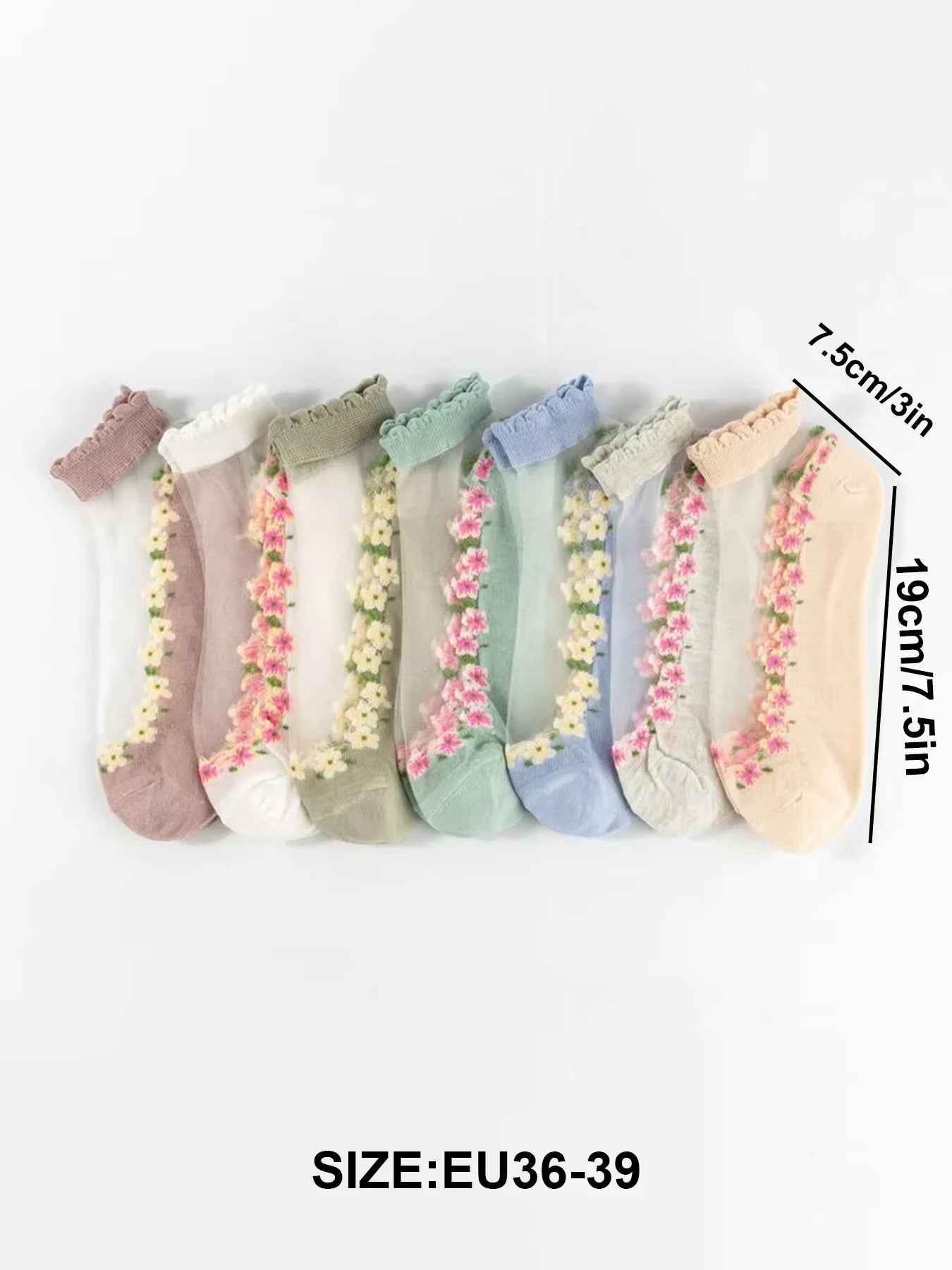 7 pairs of floral glass silk women's socks spring and summer thin crystal boat socks