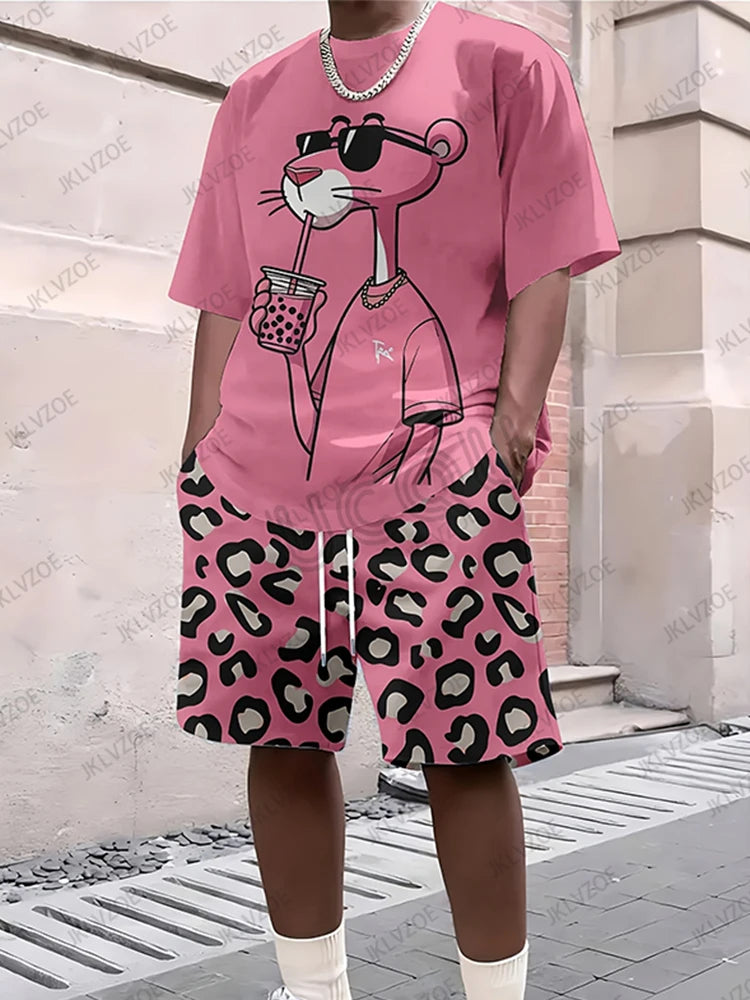 Men's Tracksuit Sets Pink Panther Short Sleeve T-Shirt Suit Casual Suit Sports Streetwear Shorts 2 Piece Male Clothes