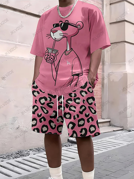 Men's Tracksuit Sets Pink Panther Short Sleeve T-Shirt Suit Casual Suit Sports Streetwear Shorts 2 Piece Male Clothes