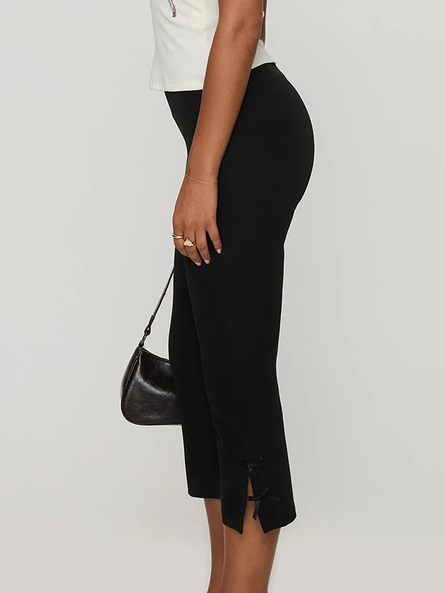 Women High Waist Capri style Pants Solid Color Elastic Waist Split hem Casual Trousers Summer Beach Pants