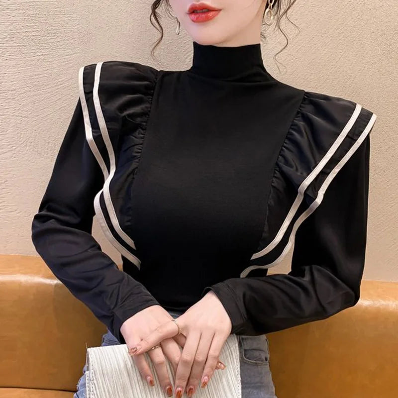 Stylish Turtleneck Spliced Folds Ruffles Blouse
