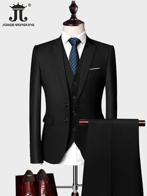 ( Jacket +Vest+ Pants ) Luxury Men's High-end Brand Solid Color Business Office Suit 3Pcs & 2Pcs Groom Wedding Party Suit Tuxedo