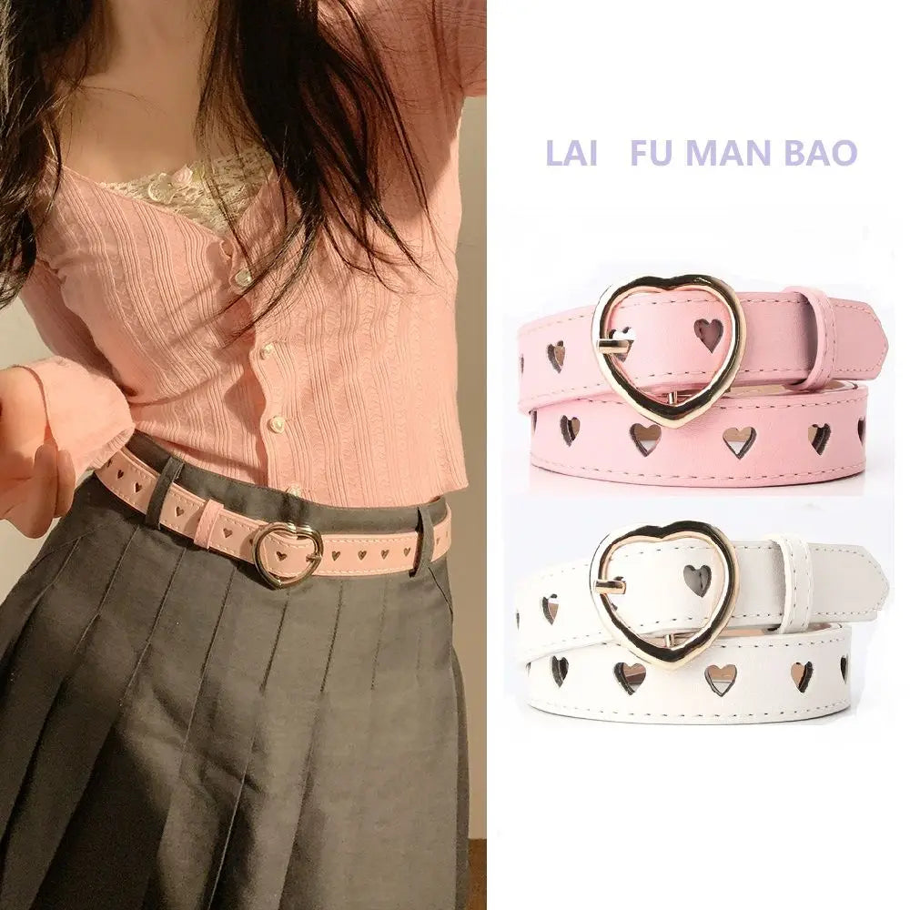 Fashion Europe and the United States full hole belt female trend double row cool belt Heart Shaped Buckle