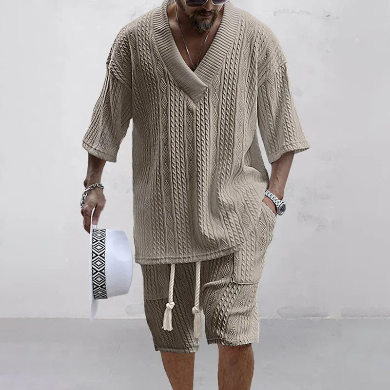 Spring and Summer Casual Shorts Set Knitted Two Piece Men's V-neck Short Sleeve T-shirt and Shorts Street Wear Knitted Set