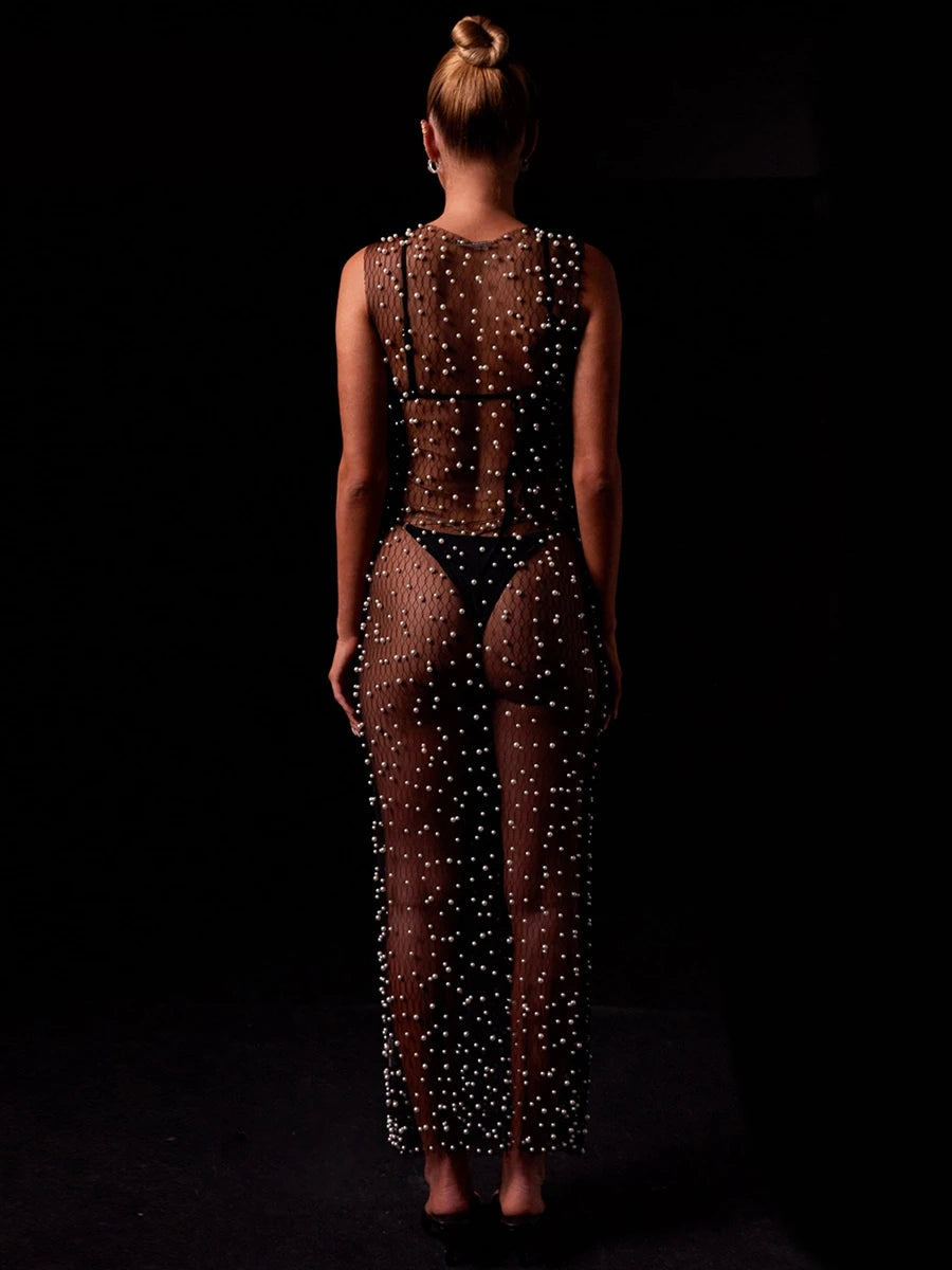 Women s Sheer Mesh Dress Sleeveless Round Neck Pearl Studded Long Dress Bikini Cover Up Dress