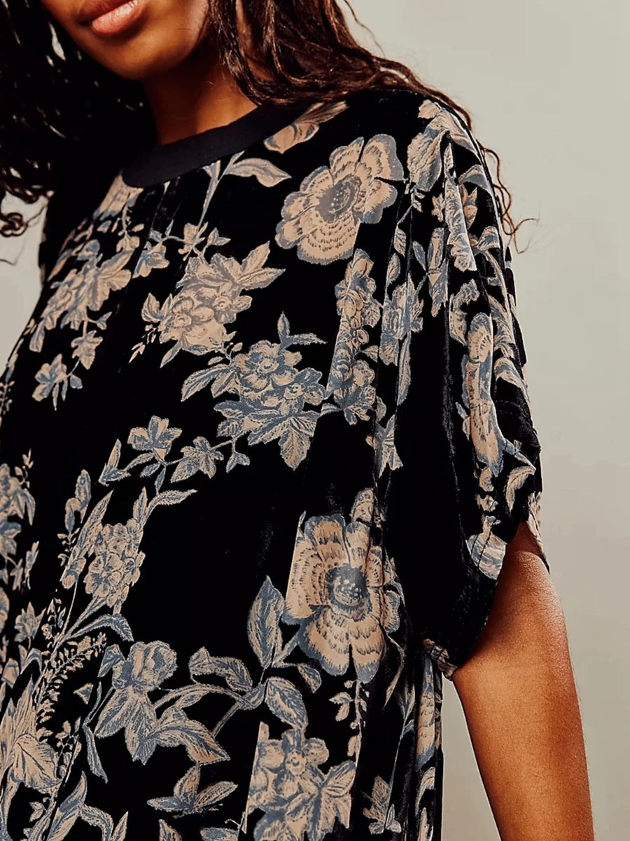 Velvet Mini Dress V-Neck short Sleeve Floral Print