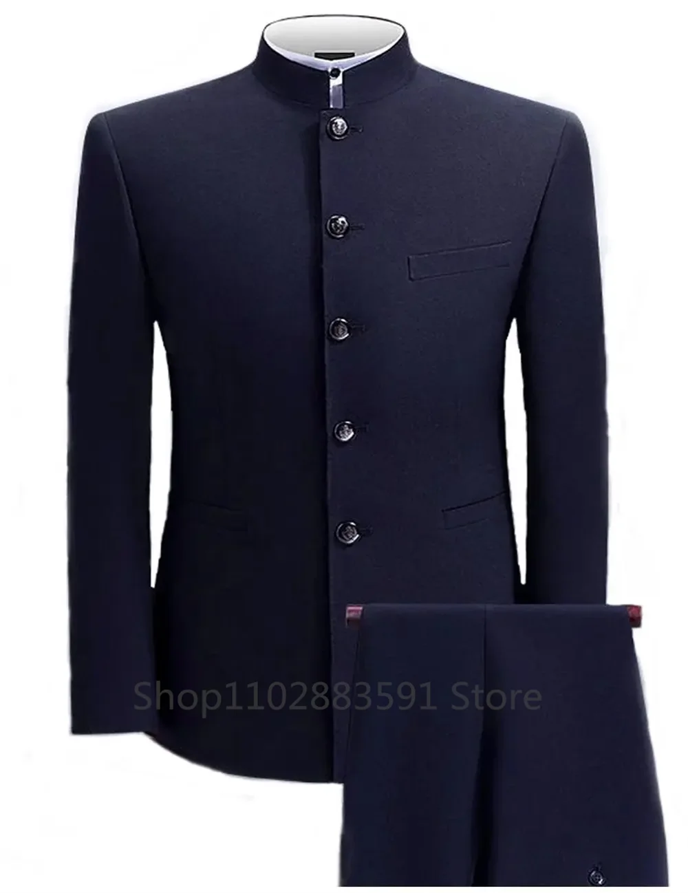 Formal Men's Business 2 Pieces Blazer + Pants Stand Lapel Men's Jacket Flat Suit Slim Fit Coat Groomsmen Party