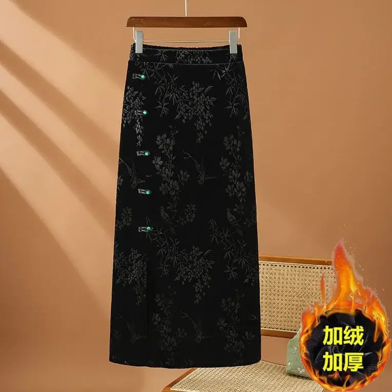 Chinese Style Vintage  High Waist  Floral Bodycon Split Skirts