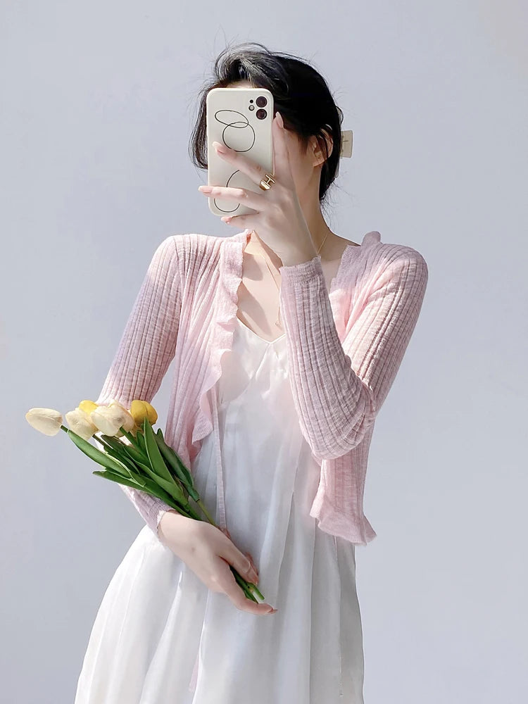 Ruffle Trim One Button Long Sleeve Crop Top Women Long Sleeve Open Front Ribbed Knit