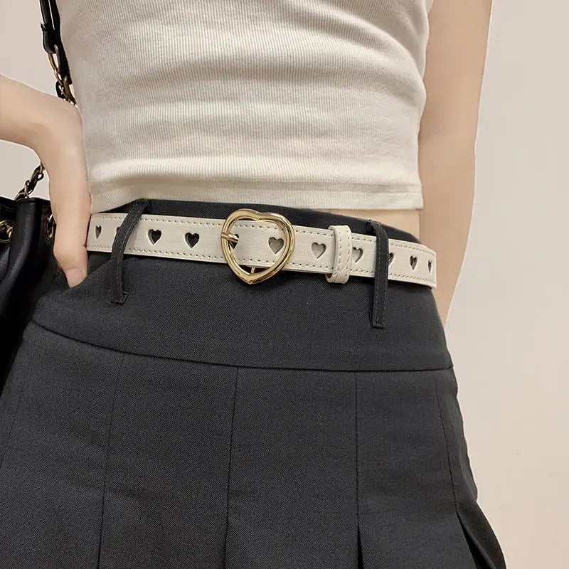 Fashion Europe and the United States full hole belt female trend double row cool belt Heart Shaped Buckle