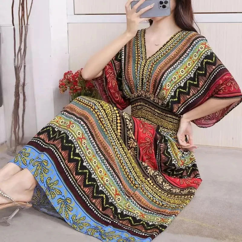 Colorful Flower V-neck Elastic Youthful Bohemian Sweet Midi Dress Woman Clothes Chic Fashion Summer Dresses