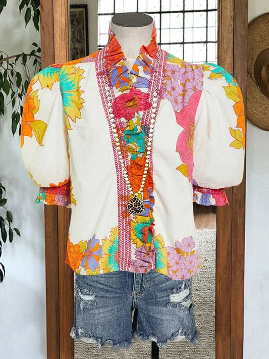 Floral Print Blouse Puff  V Neck  Vintage Oversized Tops