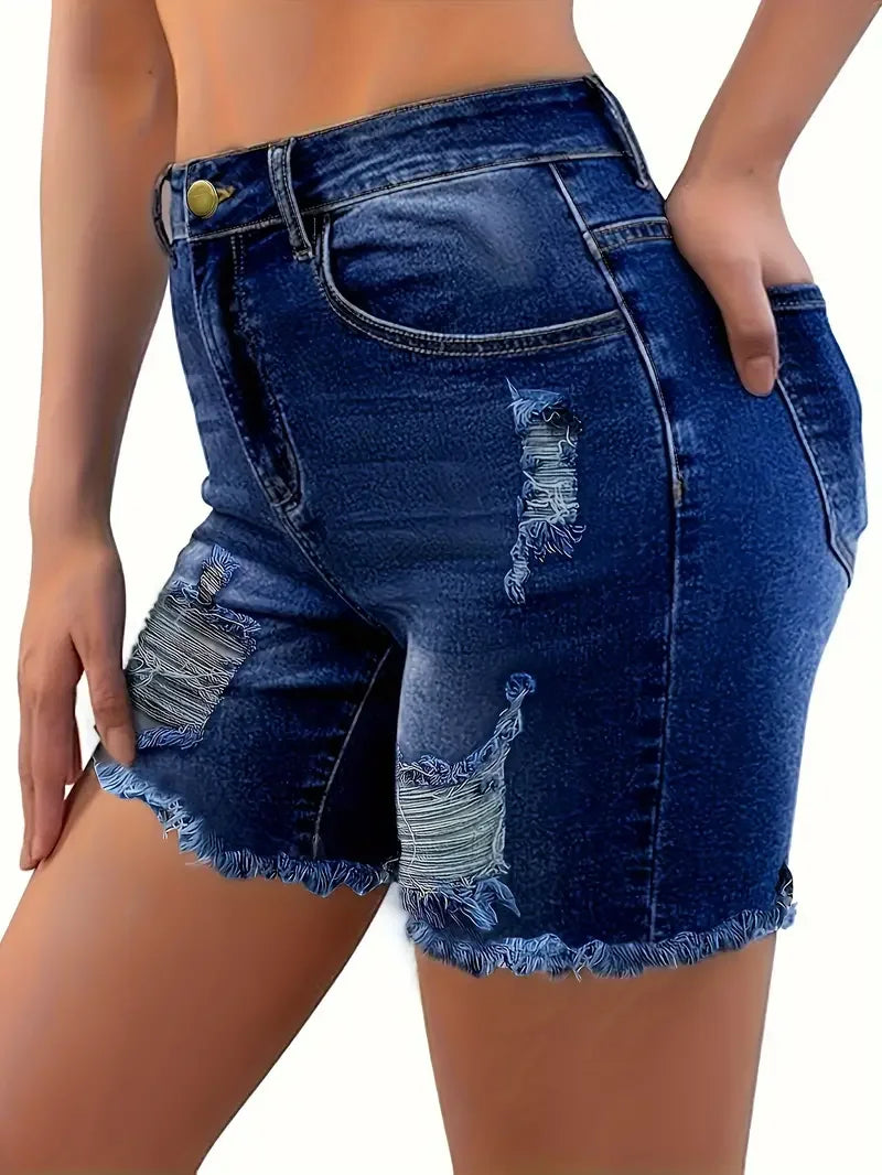 Women High-waisted Denim Shorts, Raw Hem Ripped Denim Shorts, Casual Summer Chic Dark Blue