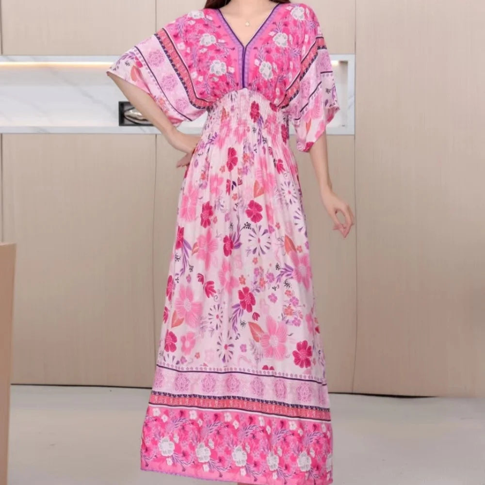 Colorful Flower V-neck Elastic Youthful Bohemian Sweet Midi Dress Woman Clothes Chic Fashion Summer Dresses