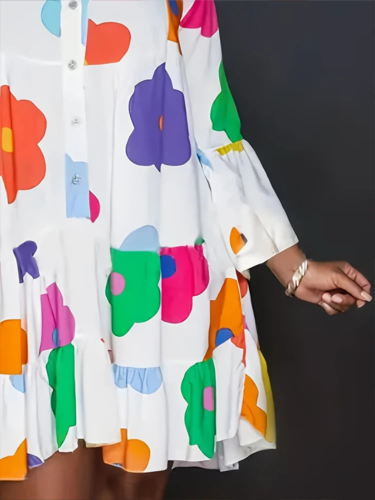 Plus Size Floral Printed Women's Dresses Casual Loose Button Fashion Streetwear Polyester V-Neck Pleated Dresses