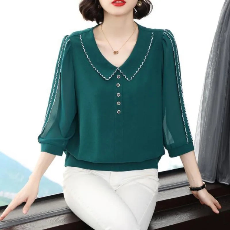 Solid Color V-Neck Shirts Patchwork Striped 3/4 Sleeves Loose Fashion Button