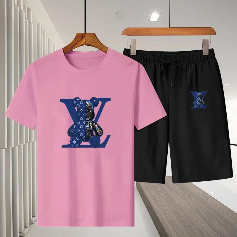 Men's short-sleeved T-shirt sportswear set, summer casual outdoor fashion men's round-neck top + Shorts 2-piece set
