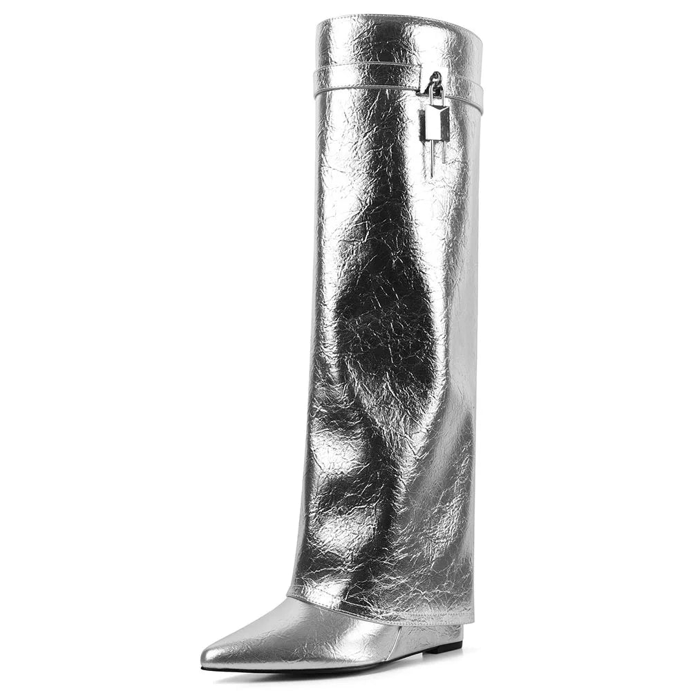 Fold Over Knee High Boots Pointed Toe High Wedges Heel Pull-on Metal Cool Fashion Shoes