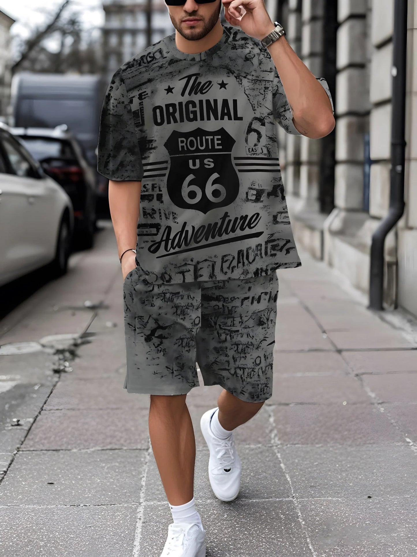 Men's adult Set 3D printed breathable and lightweight short sleeve and Shorts 2-piece adult outdoor casual set