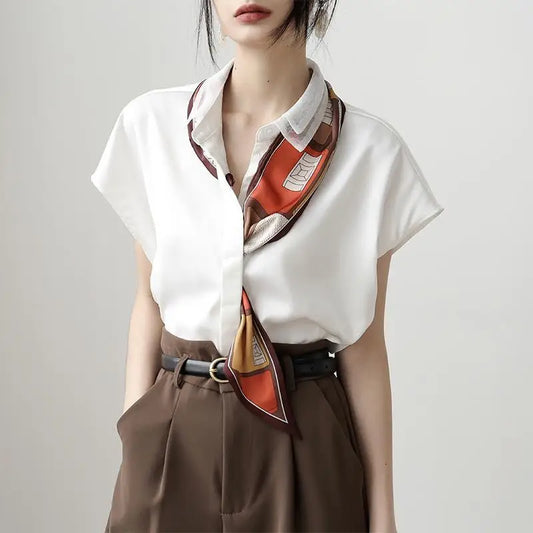 Summer  Office  Lacing Polo-Neck Short Sleeve Chiffon Shirts