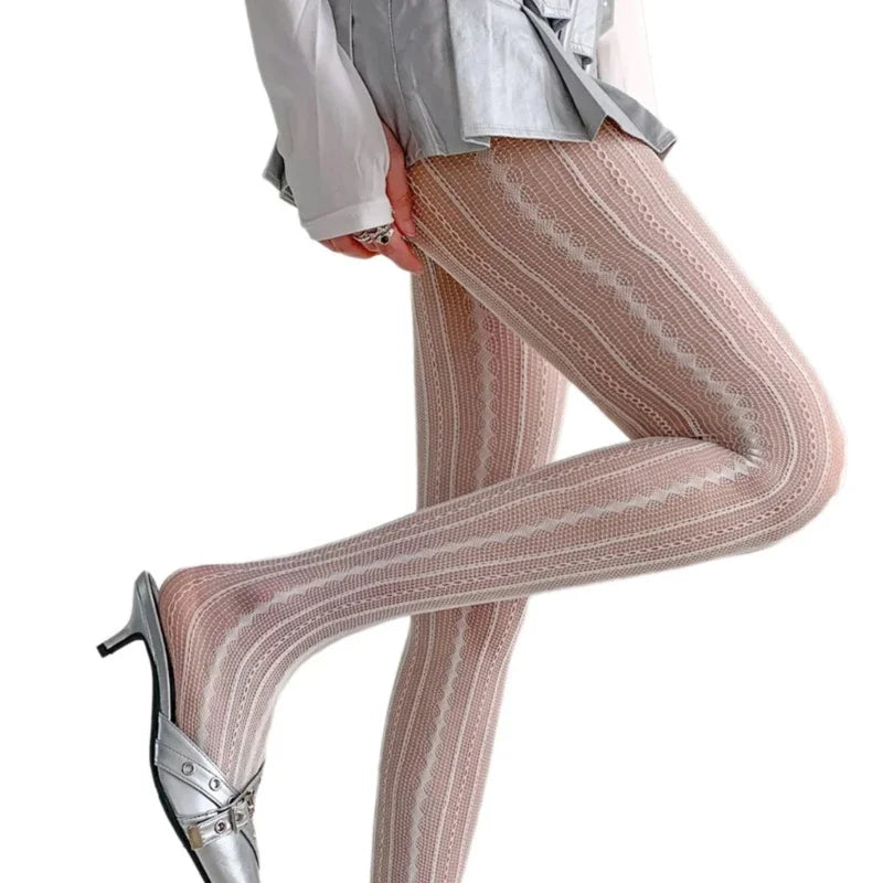 Women Vintage Solid Fishnet Lace Pattern Tights Stockings Hollowed Rhombus Striped Geometric Jacquard Pantyhose Leggings
