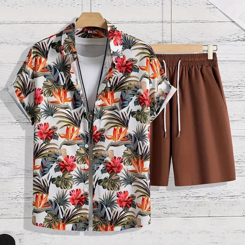 Fun 3D Flower Pattern Men's Hawaiian Shirt Sets Summer Short Sleeve Tops Beach Shorts 2 Piece Casual Vacation Outfit Clothing