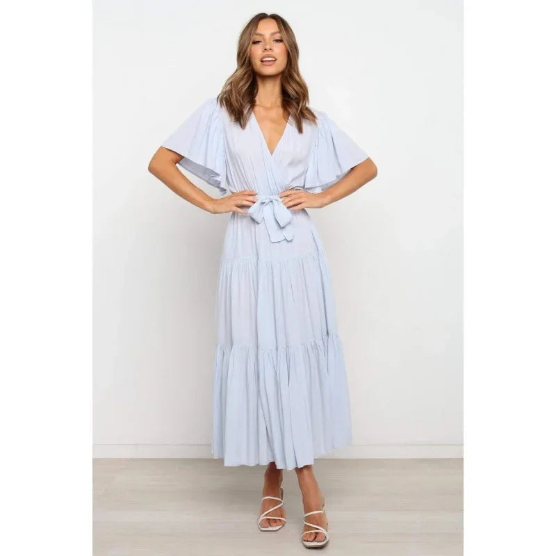 Bohemian V-Neck Short Sleeve Waist-Cinched Dress Skirt Dress