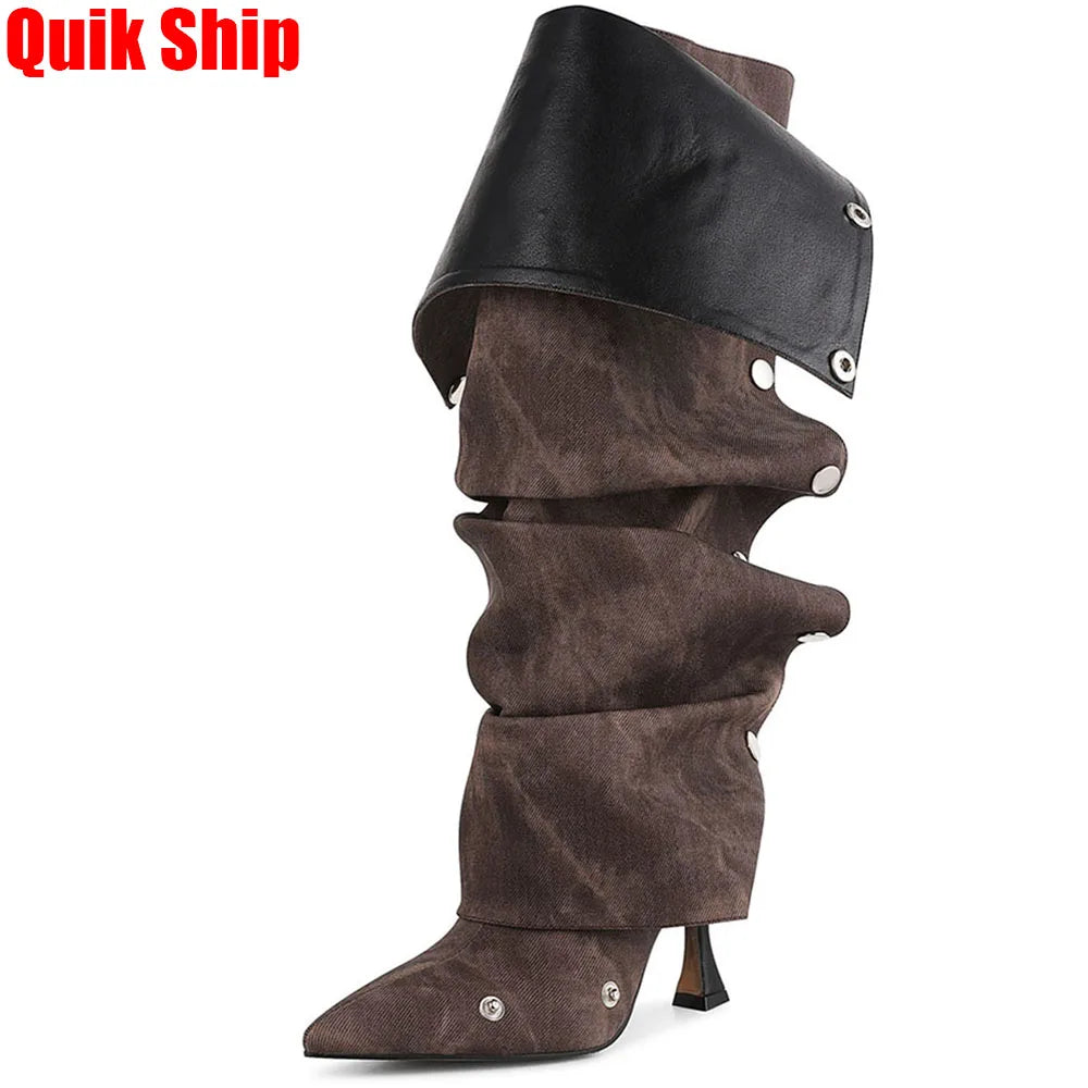 Knee High Fold Over Boots Stiletto High Heels Pointed Toe Back Zipper  Adjustable Buckle Mid-calf Boots