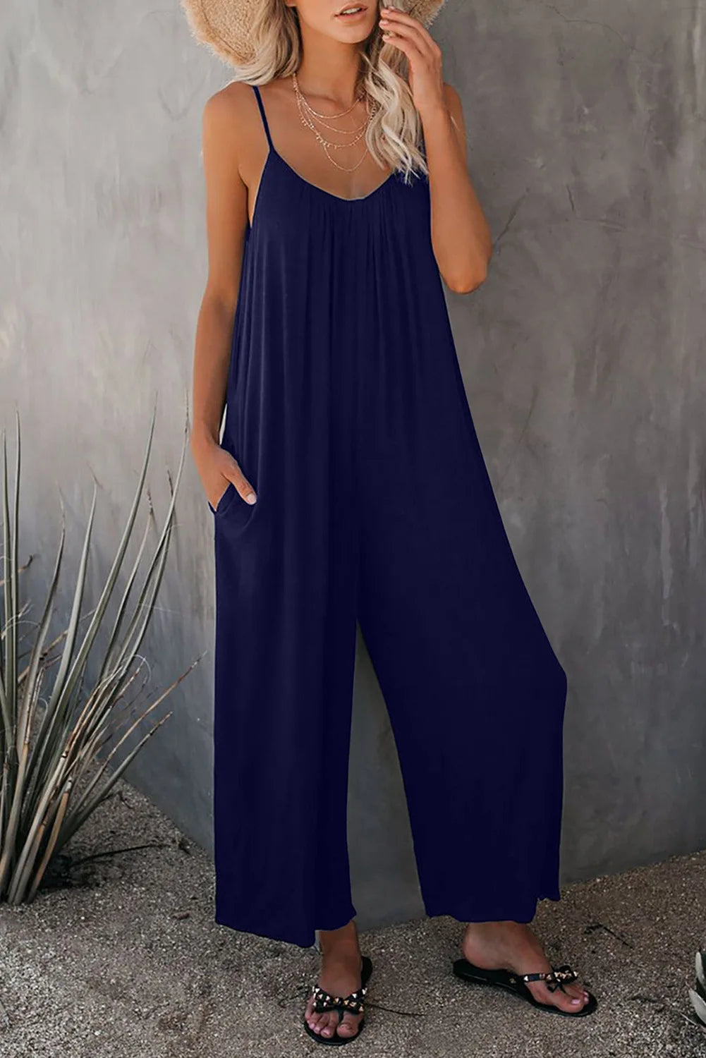 European and American Suspender  Women's Summer Foreign Trade Solid Color Pocket Casual Jumpsuit