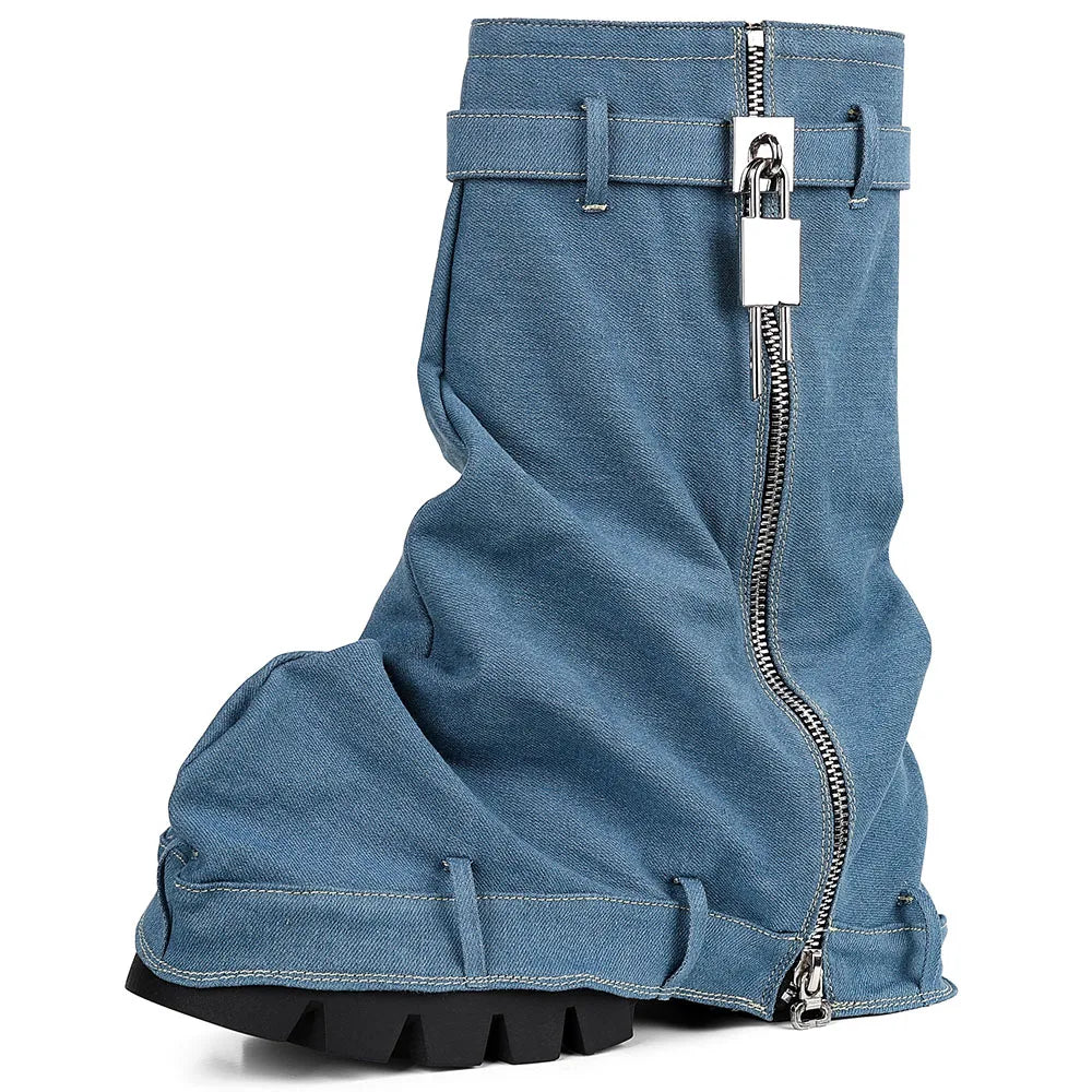 Punk  Fold Over Boots Slouchy Boots Wide Calf Pleated Platform Denim Boots Chunky Stacked Boots Mid Calf Boots