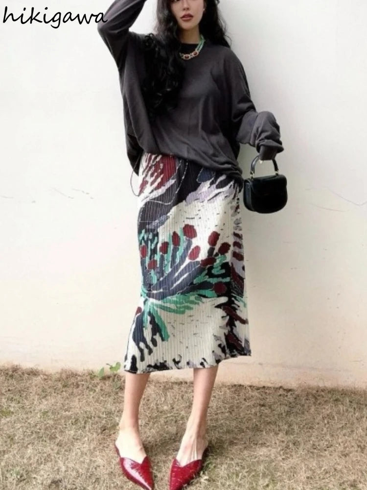 Floral Long  Vintage Loose High Waist Pleated Skirt