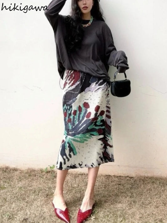 Floral Long  Vintage Loose High Waist Pleated Skirt