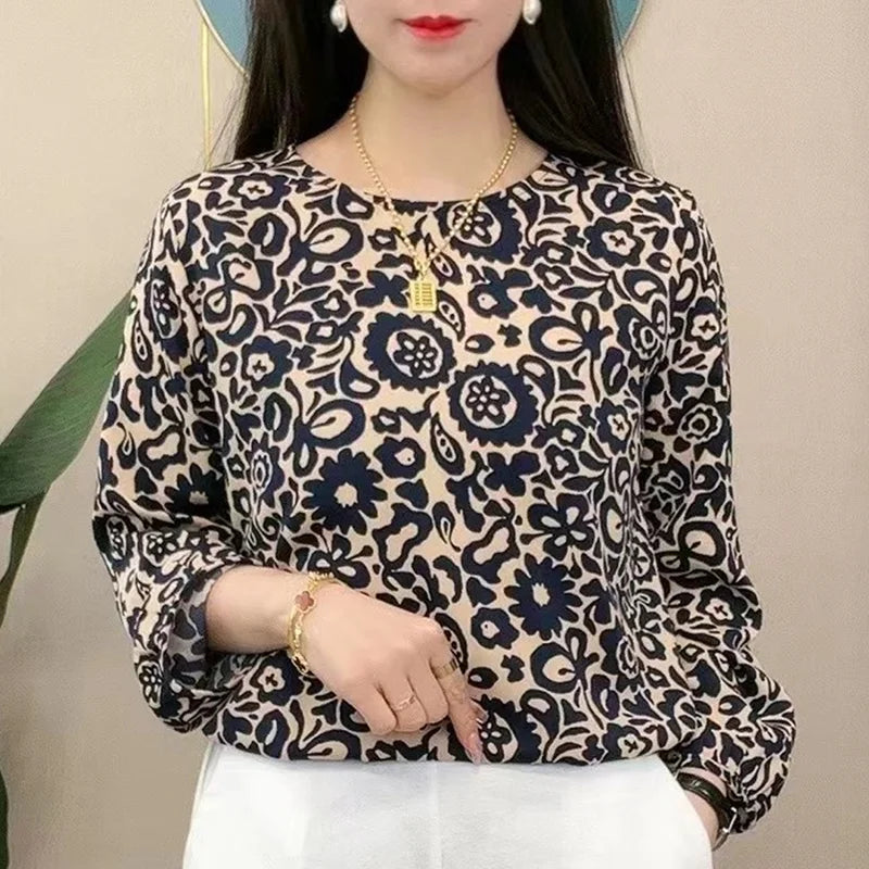 Vintage Print Round Collar Long Sleeve Loose Casual Chiffon Top