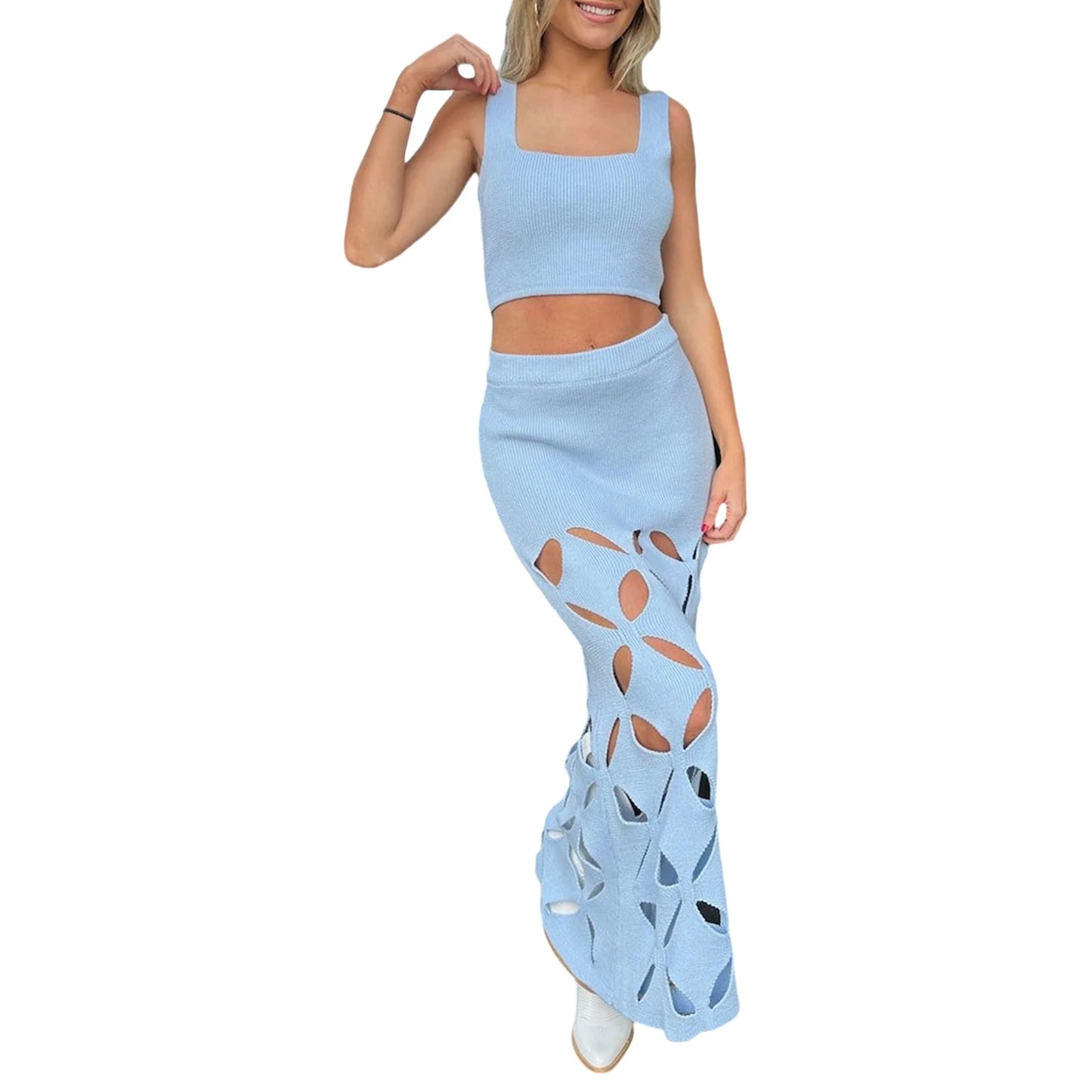 Sleeveless Crop Top and High Waist Ruched Skirt Set for Summer Beachwear and Casual Street Style