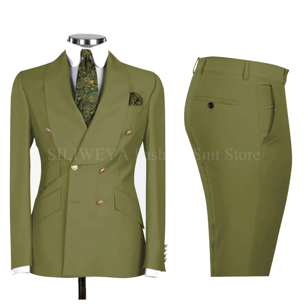 Gold Men Business Casual Men's Suits Jacket Pants Set Male Blazer Coat Pants 2PCS Slim Fit Suits