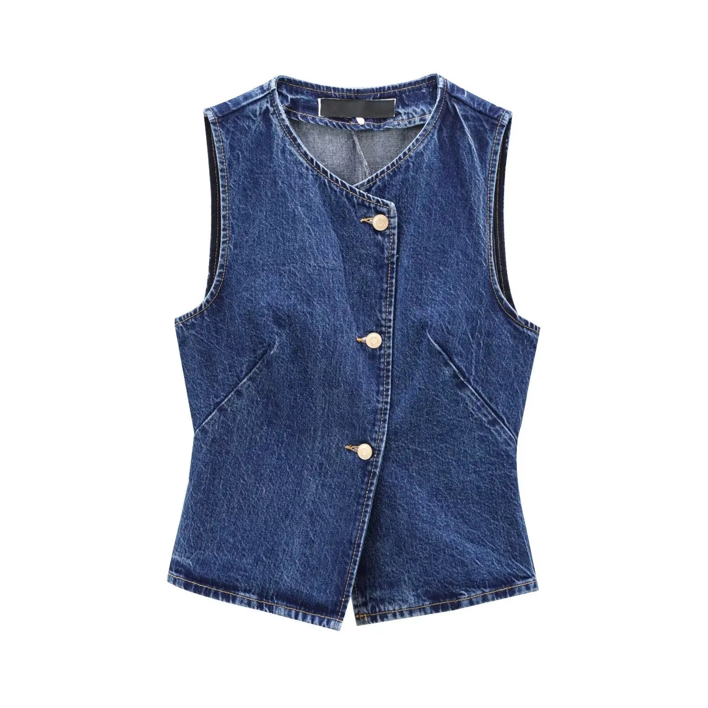 Casual All-match Round Neck Sleeveless Blue Slim Waist Denim Vest