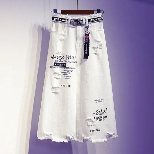 Denim Long Skirts Letter Print