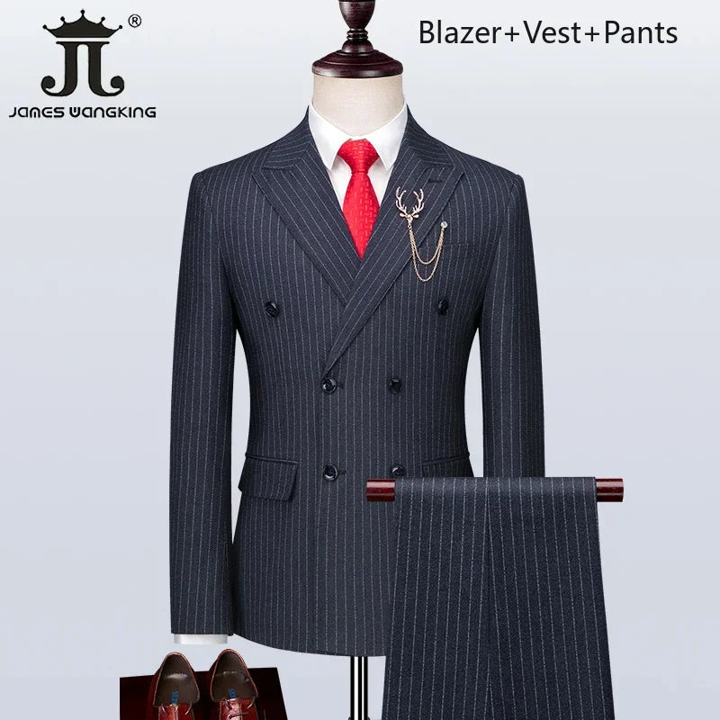 ( Blazer + Vest + Pants ) Boutique British Style Men's Suit Plaid Dress Business Casual Formal Suits 3Pcs Set