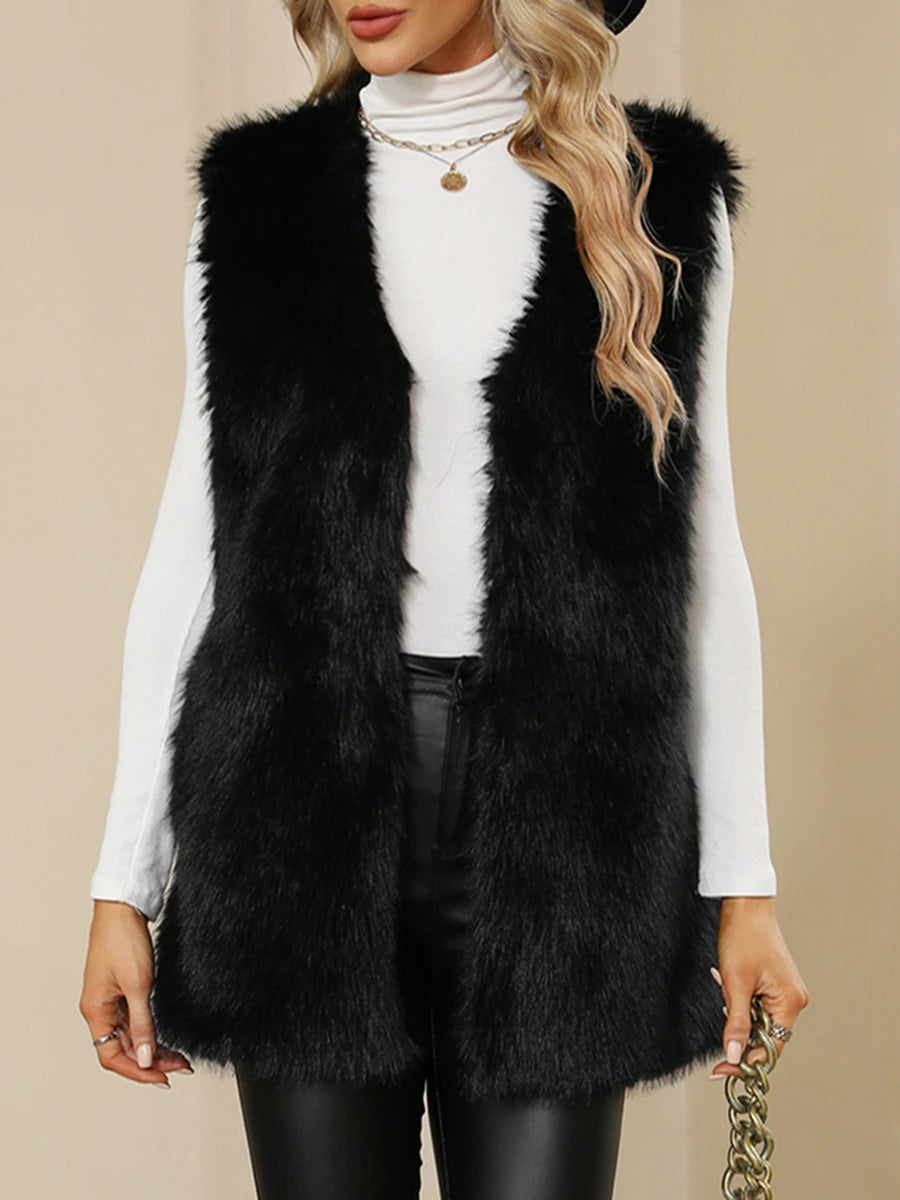 Sleeveless Vest Button-Up Faux Fur Jacket with Solid Color Design for Warmth and Style