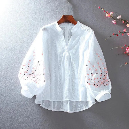 V-Neck Embroider Blouse  Lace Lantern Sleeves Cotton