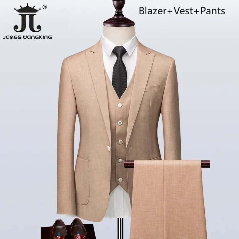 ( Blazer + Vest + Pants ) Boutique British Style Men's Suit Plaid Dress Business Casual Formal Suits 3Pcs Set