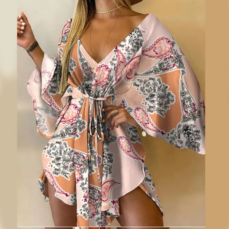 Women Print Dress Sexy V-Neck Bat Sleeve Ruffle Flowers Print Bohemian Beach Sundress Ladies Loose Summer Vacation Mini Dresses