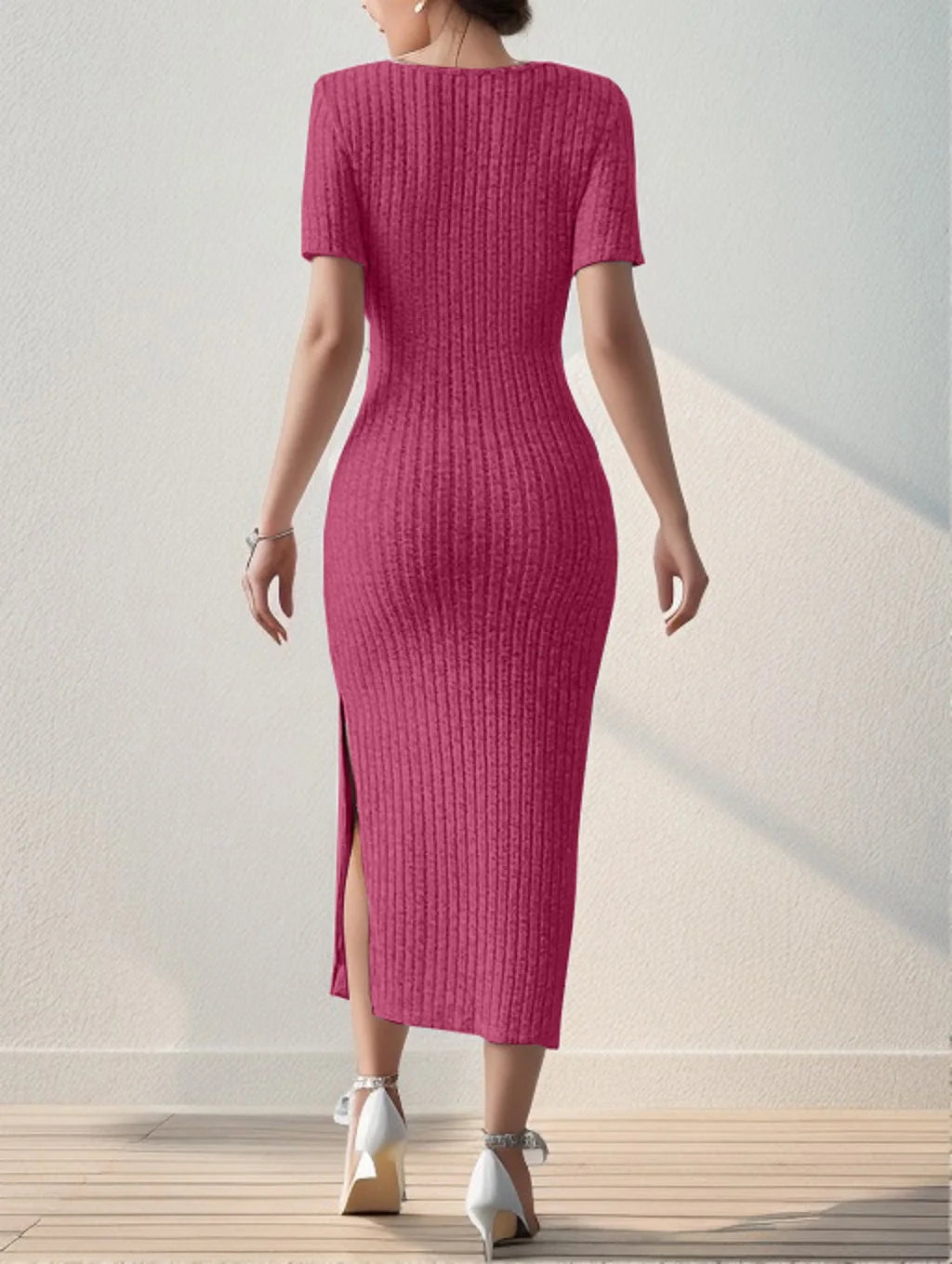 Summer Square Neck, Hip-Hugging Mid-Length Skirt, Short-Sleeved, Rib Knit Versatile Knitted Slit Dress