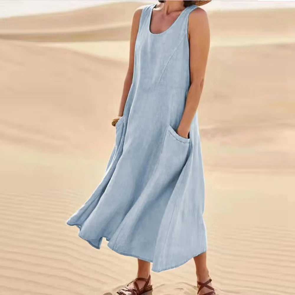 Cotton Linen Sleeveless Dress for Women Summer Pullover Fashion Female Clothing Short Sleeved Loose Long Dress