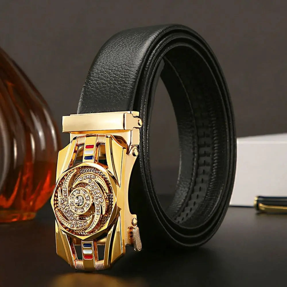Business Time To Run Belt  Automatic Buckle Leather Belt Silver Waist Buckle Males Luxury Belt Rhinestone Decoration