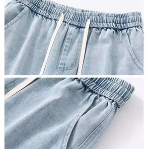 Casual Denim Shorts Comfortable Elastic Waist Straight Leg New Soft Short Pants Light Blue Loose Baggy Wide Leg Jeans