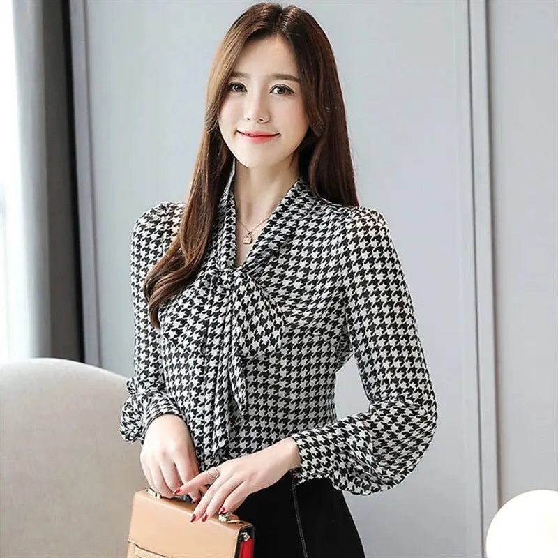 Vintage Houndstooth Printed Bow  V-Neck Pullovers
